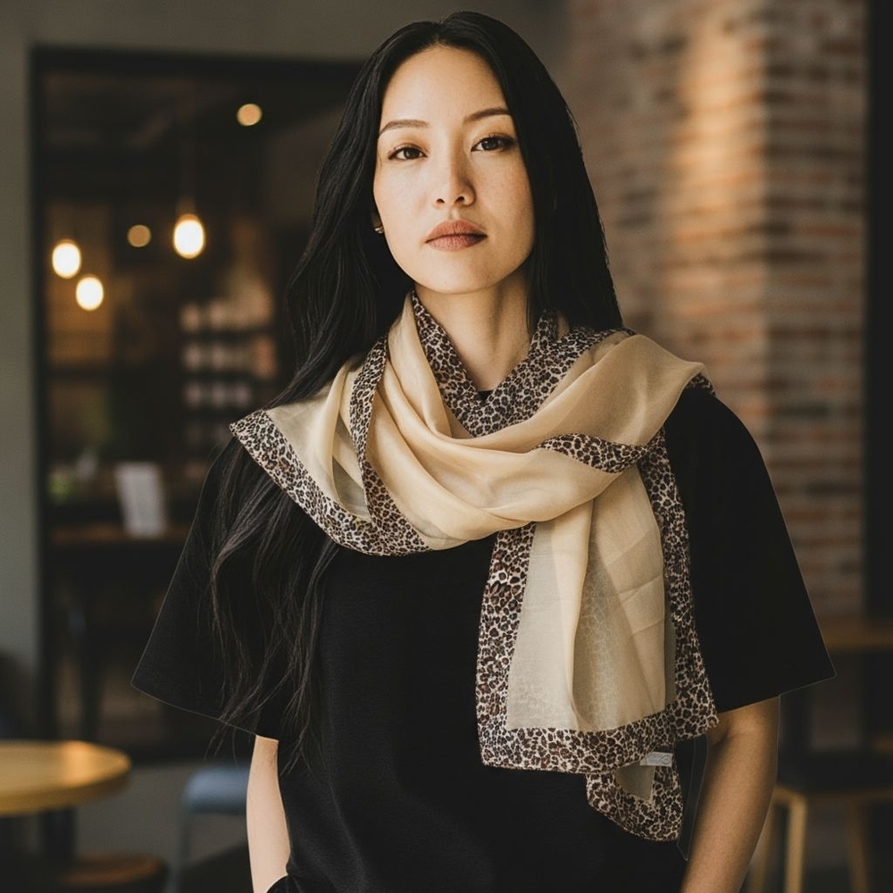 Cejon Leopard Border Scarf Neutral Beige Lightweight Sheer Wrap Shawl